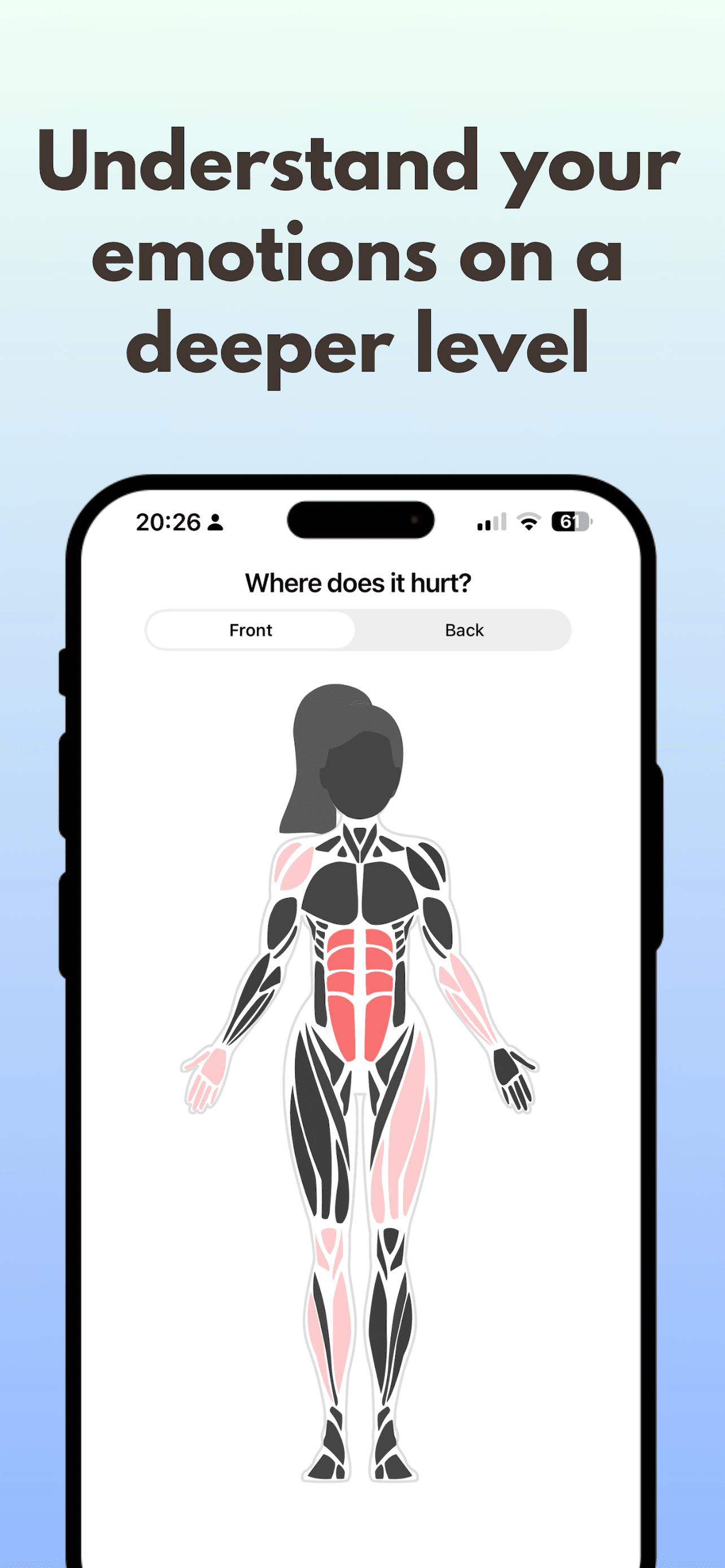 Emotionly body map screen — mark where you feel sensations on front and back views